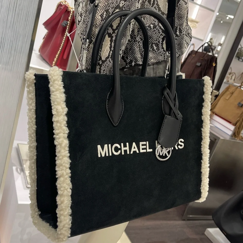 MICHAEL KORS Mirella Medium Suede and Faux Shearling Tote Bag Black  NWT